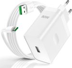 شاحن بتقنية الشحن السريع 80 واط مع كابل USB نوع سي بطول 1 متر لموبايل أوبو فايند X5 X3 / 2 نيو رينو 12 11 F 10 برو، شحن لموبايلات ون بلس 12R نورد 2T CE 4 3 لايت - أبيض