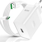 شاحن بتقنية الشحن السريع 80 واط مع كابل USB نوع سي بطول 1 متر لموبايل أوبو فايند X5 X3 / 2 نيو رينو 12 11 F 10 برو، شحن لموبايلات ون بلس 12R نورد 2T CE 4 3 لايت - أبيض