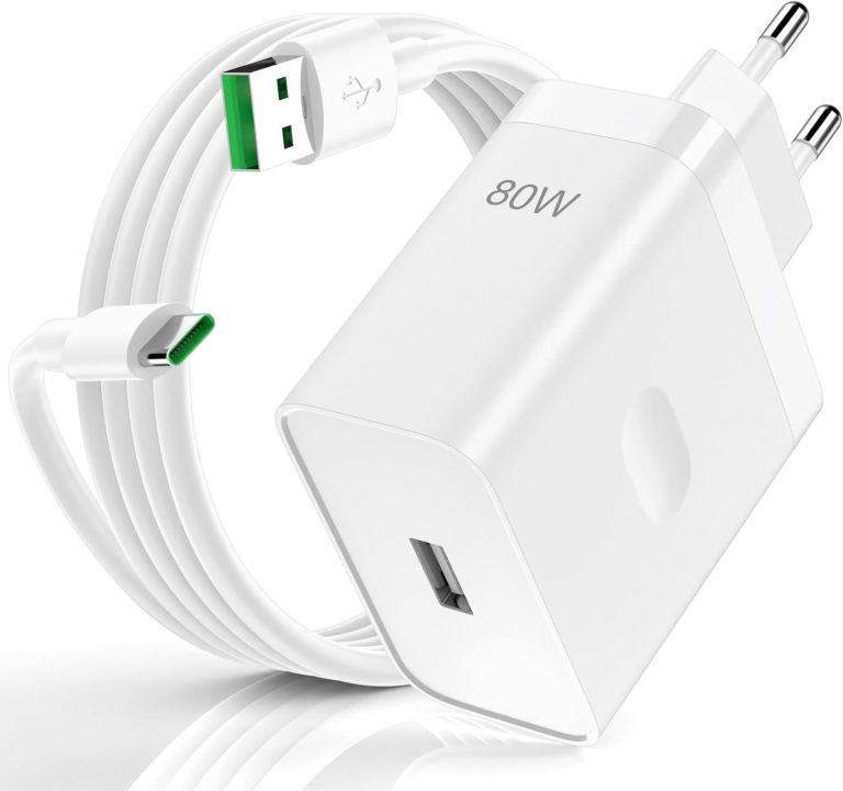شاحن بتقنية الشحن السريع 80 واط مع كابل USB نوع سي بطول 1 متر لموبايل أوبو فايند X5 X3 / 2 نيو رينو 12 11 F 10 برو، شحن لموبايلات ون بلس 12R نورد 2T CE 4 3 لايت - أبيض