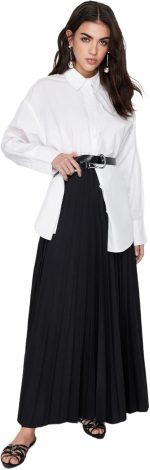 ⁦Trendyol Womens Black Pleated Knitted Long Skirt TCTSS24EE00005 Hijab Skirt⁩ - الصورة ⁦2⁩