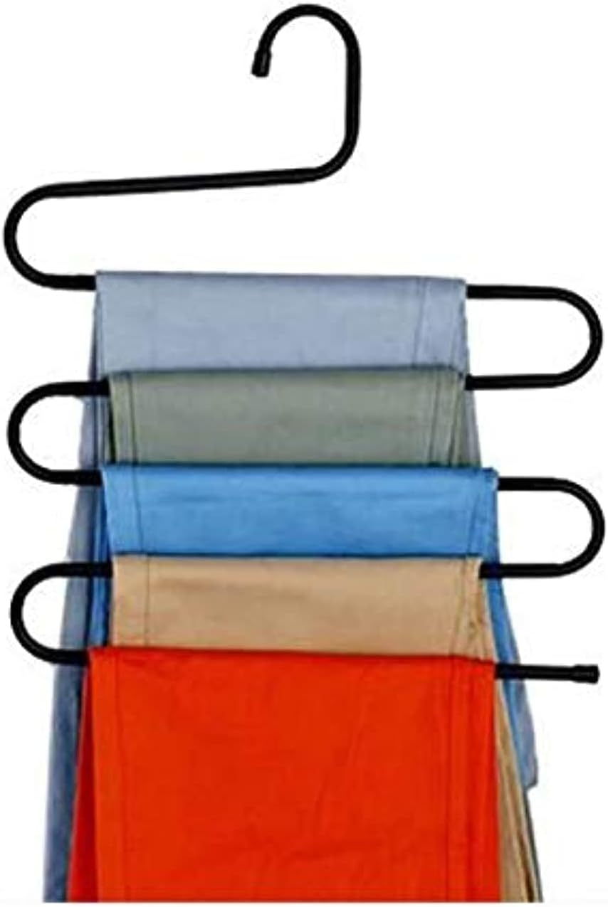 51AFasBVZL._AC_SL1500_.jpg شماعة بنطلونات متعددة لتنظيم الخزانة، مصنوعة من الستانلس ستيل، شكل حرف S، مكونة من 5 طبقات لتعليق الملابس - الوان متعددة 30 cm * 35 cm