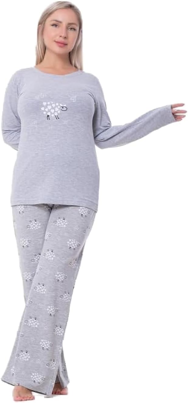 51OF96Qtz9L._AC_SL1500_.jpg زدكوتكس بيجامة قطن مميزة باكمام للنساء، مقاس L، لون رمادي