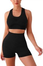 ⁦طقم تمارين رياضية بدون خياطة مكون من قطعتين من شورت عالي الخصر وحمالة صدر رياضية، ملابس لليوجا واللياقة البدنية وصالة الألعاب الرياضية للنساء، مقاس واحد لوزن 50 - 80 كجم⁩ - الصورة ⁦2⁩