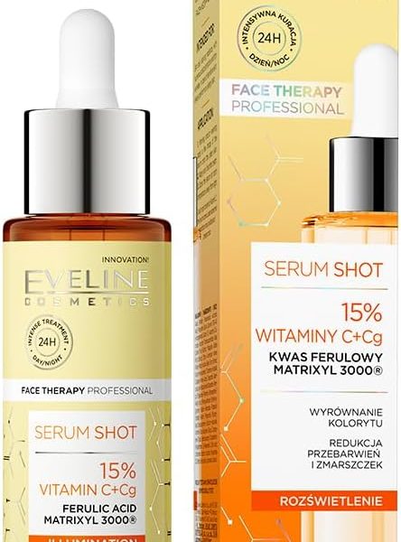 سيروم للوجه سعة 30 مل مع 15% فيتامين سي وفيتامين جي تفتيح بملمس خفيف الوزن وغير دهني لجميع أنواع البشرة لتقليل تغير اللون وعيوب من ايفلين كوزمتيكس كل الأنواع للجنسين