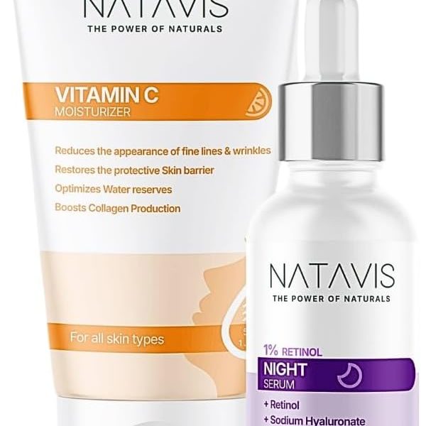 سيروم ريتينول 1% من ناتافيس 30 مل مع مرطب فيتامين سي 50 مل، مع حمض الهيالورونيك، اكواكسيل، مضاد لعلامات تقدم السن، يقوي حاجز واقي البشرة، يرطب ويعزز الكولاجين - روتين العناية بالبشرة الليلي