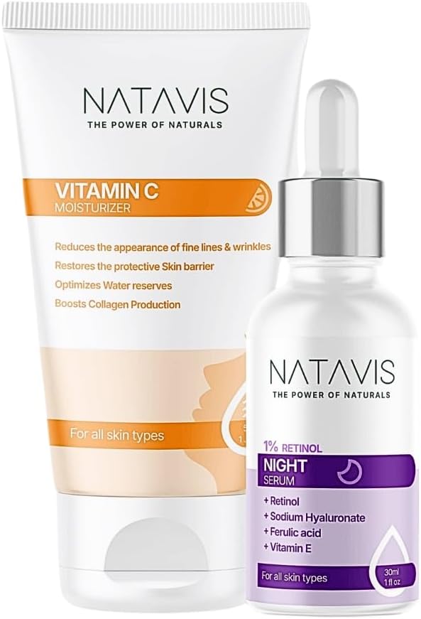 سيروم ريتينول 1% من ناتافيس 30 مل مع مرطب فيتامين سي 50 مل، مع حمض الهيالورونيك، اكواكسيل، مضاد لعلامات تقدم السن، يقوي حاجز واقي البشرة، يرطب ويعزز الكولاجين - روتين العناية بالبشرة الليلي