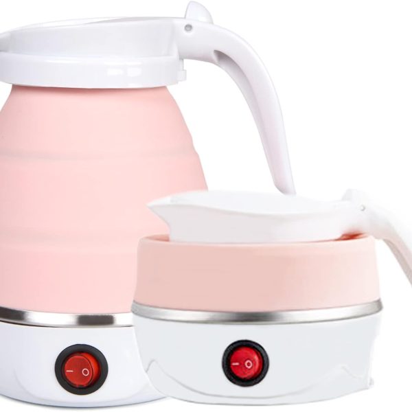 غلاية كهربائية صغيرة محمولة قابلة للطي للسفر، غلاية وسخان ماء من السيليكون للتسخين والتخييم، سهلة التخزين مع سلك طاقة قابل للفصل (بينك)