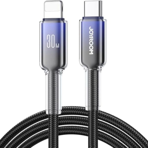 كابل بيانات للشحن السريع من سلسلة كريستال-كلير 30 وات نوع-سي إلى لايتنينج من جوي رووم، لون أسود، طول 1.2 متر، S-A42