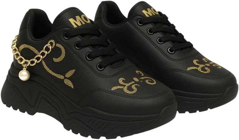 جزمة سنيكرز نسائية – كاجوال عصرية بتطريز ذهبي وسلسلة جانبية – حذاء رياضي موضة للستايل اليومي للبنات والنساء من رومبا