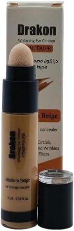 كونسيلر محيط العين لتفتيح البشرة بيج متوسط مع أداة تطبيق إسفنجية لتغطية عالية لمعالجة الهالات السوداء والتجاعيد والانتفاخ، مع معامل الحماية من الشمس SPF15-10 ملليلتر من دراكون