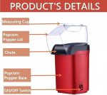⁦Electric Popcorn Maker Machine, Red, Hot Air Popper with Measuring Cup, Easy Pour Chute, On/Off Switch, Home Movie Theater Snack Maker⁩ - الصورة ⁦8⁩