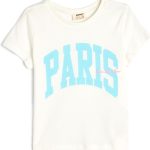 تيشرت بأكمام قصيرة بطباعة كلمة «Paris» للبنات من كوتون