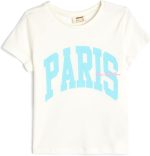 تيشرت بأكمام قصيرة بطباعة كلمة «Paris» للبنات من كوتون