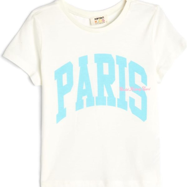تيشرت بأكمام قصيرة بطباعة كلمة «Paris» للبنات من كوتون