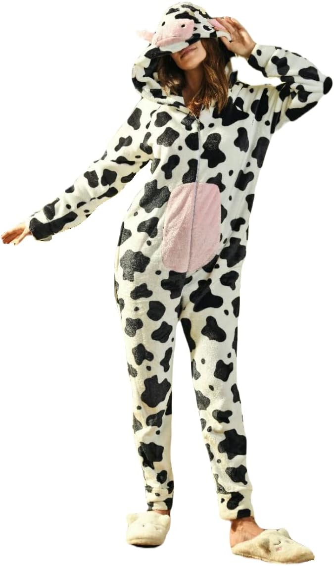 51ronMYvOJL._AC_SL1188_.jpg سالوبيت شتوي قطيفة بغطاء للراس وسوستة امامية بتصميم بقرة, متعدد, One Size