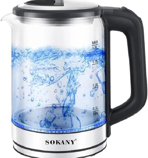غلاية كهربائية زجاج/ بايركس من سوكاني سعة 1.8 لتر، بجهد 1500 وات، SK-09012