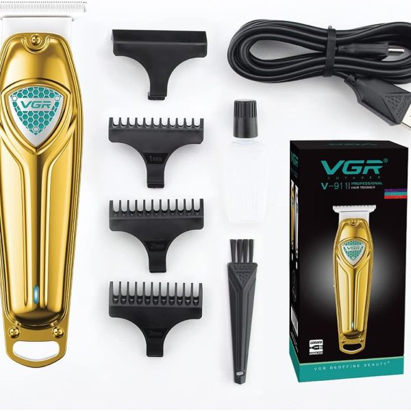 ماكينة حلاقة احترافية بدون اسلاك V-911 من في جي ار وشفرات الستانلس ستيل وكيبل شحن USB مع 3 امشاط للرجال. وقت التشغيل: 180 دقيقة بطارية ليثيوم ايون 1200 مللي امبير لون ذهبي في-911