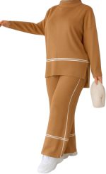 طقم بدلة رياضية نسائية من القطن خطين أبيض، بنطال واسع وبلوزة طويلة الأكمام للراحة المنزلية والرياضة للبنات والنساء سوت قطعتين بمقاس واحد من ميزا