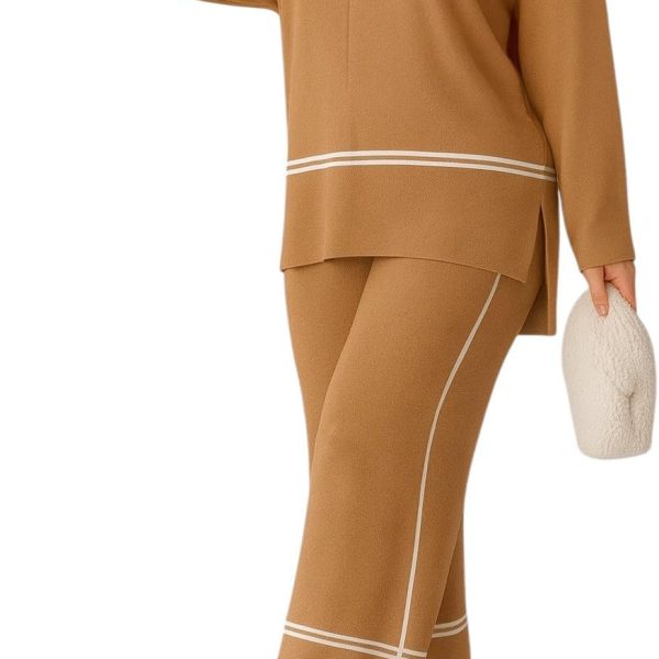 طقم بدلة رياضية نسائية من القطن خطين أبيض، بنطال واسع وبلوزة طويلة الأكمام للراحة المنزلية والرياضة للبنات والنساء سوت قطعتين بمقاس واحد من ميزا