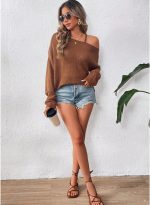⁦بلوفر صوف للنساء من في كاي بلون سادة وياقة غير متماثلة وأكمام طويلة، بلوفر مكشوف الكتفين، زي للهالوين⁩ - الصورة ⁦7⁩