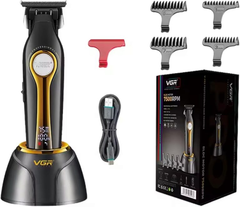 ماكينة حلاقة احترافية v-993 جسم معدني شفرات سراميك متالوجنيك ماتور تربو ذكي BLDC 7500RPM بطارية ليثيوم أيون بقوة 2000MAH وقت تشغيل 180 دقيقة وقت العمل 2.5 ساعة قاعدة شحن