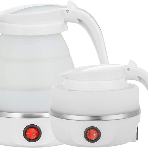 غلاية كهربائية صغيرة محمولة قابلة للطي للسفر، غلاية وسخان ماء من السيليكون للتسخين والتخييم، سهلة التخزين مع سلك طاقة قابل للفصل (ابيض)
