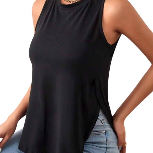 تانك توب نسائي بدون أكمام، قصة فضفاضة، قماش ناعم، لون أسود