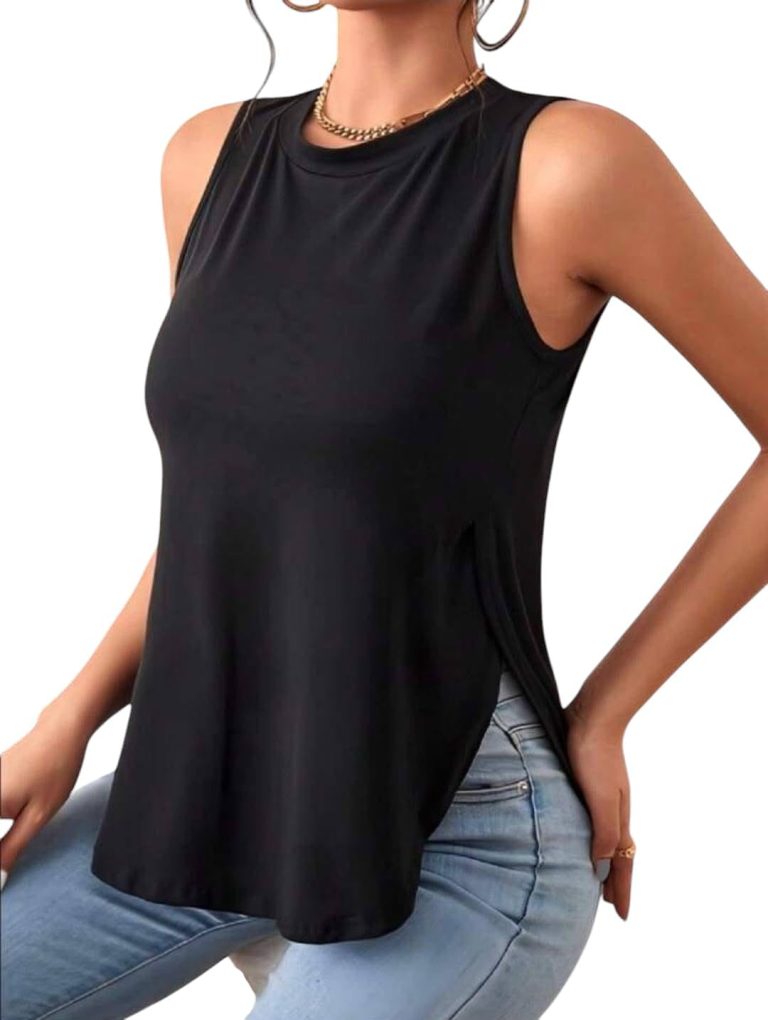 تانك توب نسائي بدون أكمام، قصة فضفاضة، قماش ناعم، لون أسود