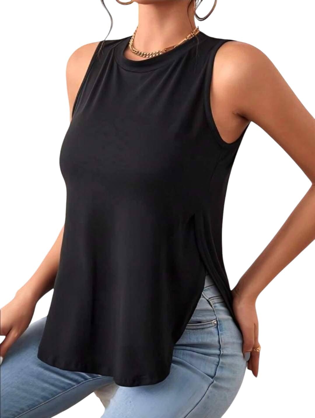 61AkAB0yRYL._AC_SL1434_.jpg تانك توب نسائي بدون أكمام، قصة فضفاضة، قماش ناعم، لون أسود