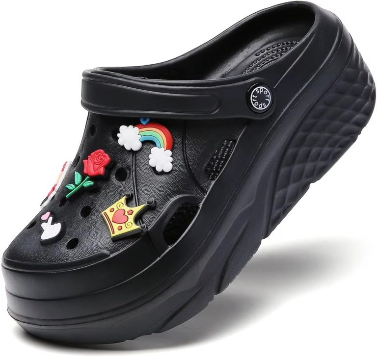 كلوج للنساء والبنات مرتفع - شبشب أسود بنعل طبى ومريح - خامة مطاطة مضاد للانزلاق - مثالي للبيت، الشاطئ والشارع - اكسسوارات متعددة الألوان