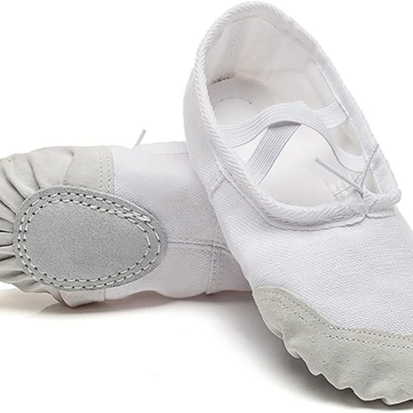 باليرينا من القماش الكتاني بنعل جلدي مسطح للرقص للاطفال الصغاراليوغا الباليه للراقصات ، للفتيات ( أبيض )