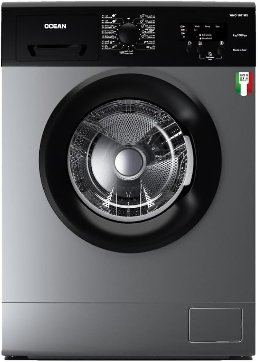 61CCA6kS6rL._AC_SL1500_.jpg غسالة تحميل أمامي من اوشن، 7 كجم، 1000 لفة، 15 برنامج، بلد المنشأ ايطاليا، فضي، WNO1071GS