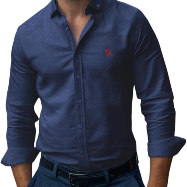 ترنديول قميص ذكي للرجال بقصة عادية وتفاصيل مطرزة بلون كحلي TMNAW25GO00036