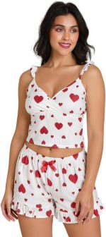 لانجرى بيجاما ترندى حريمي قطعتين ابيض بقلوب احمر – توب + شورت هوت من كيان للتجاره للتوزيع كود 776