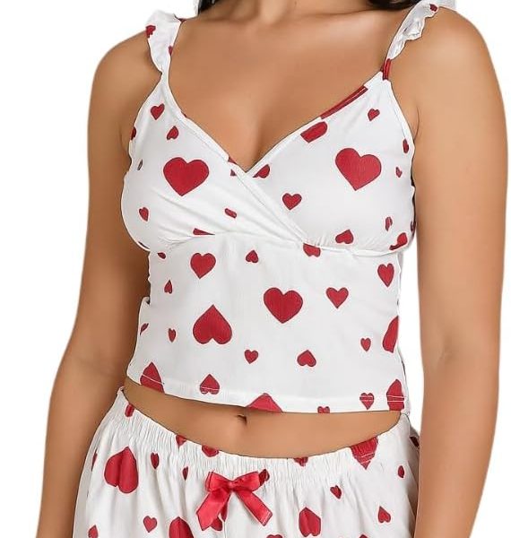 لانجرى بيجاما ترندى حريمي قطعتين ابيض بقلوب احمر – توب + شورت هوت من كيان للتجاره للتوزيع كود 776