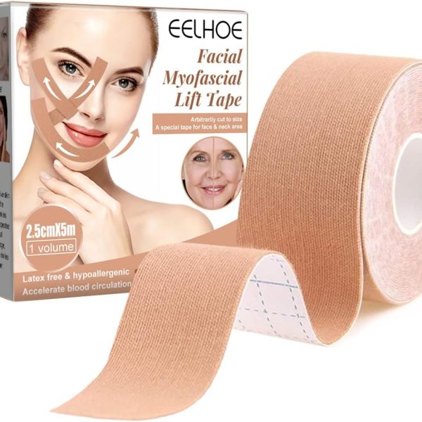 شريط رفع وجه ليفي عضلي لشد الوجه مضاد للتجاعيد ومضاد للتجمد والرقبة للجنسين من فاشون منيا - 2.5 سم × 5 متر عدد 1 غير لامع مختلطه كل الأنواع يونغ مزيج