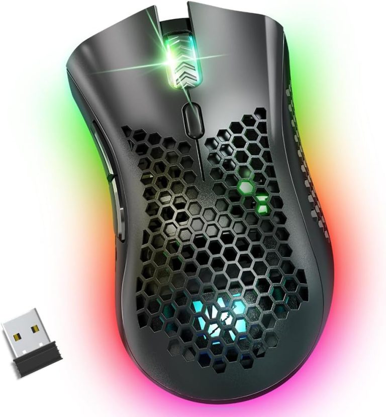ماوس ألعاب KM-1، ماوس لاسلكي للألعاب بمنفذ USB مع هيكل شكل خلية النحل و6 أزرار مبرمجة، 3 نقاط لكل بوصة قابلة للتعديل، ماوس ضوئي RGB مريح للكمبيوتر وماك واللاب توب من ولف لو اس