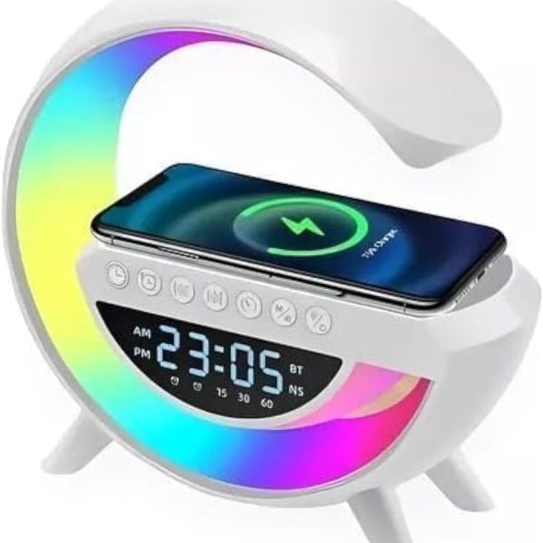 مصباح طاولة بمكبر صوت بلوتوث ذكي بتقنية الفضاء اللوني ار جي بي من لسمي ماركيت، صندوق صوت وشاحن بلوتوث يعمل بالحث، شحن لاسلكي، ضوء ليلي محيطي