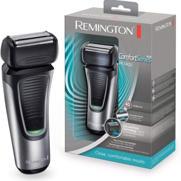 ماكينة حلاقة كهربائية رجالي بشفرات فويل من سلسلة كومفورت من ريمنجتون، ماكينة حلاقة يمكن تحريكها للأمام والخلف بسهولة، لون أزرق، طراز PF7400
