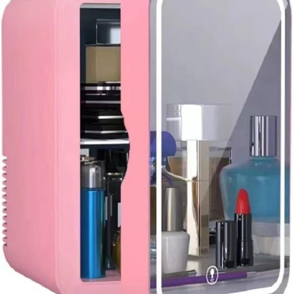 بونيتا ثلاجة صغيرة محمولة لمستحضرات التجميل بسعة 8 لتر، لوحة زجاجية واضاءة LED، مبرد وتدفئة، تستخدم للعناية بالبشرة في المنزل والسيارة، زهري