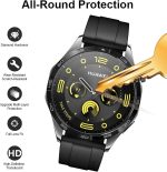 ⁦واقي شاشة لساعة هواوي جي تي 4 46 ملم غير زجاجي منحني ثلاثي الأبعاد بتغطية كاملة مضادة للخدش من البولي ايثيلين تيرفثالات بشفافية عالية، مضاد لبصمات الأصابع، واقي مرن خالٍ من الفقاعات (شفاف) من 3 قطع⁩ - الصورة ⁦3⁩