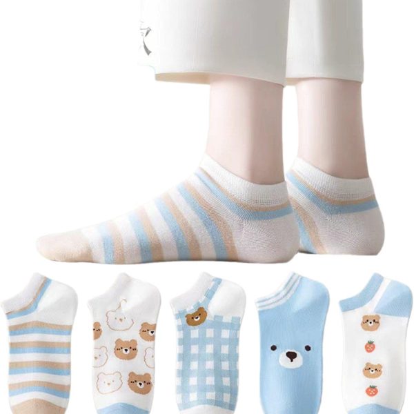 جوارب نسائية قصيرة، تصميم دب وفراولة، جوارب صيفية قصيرة للكاحل، 5 أزواج مع واحد هدية متعددة الألوان
