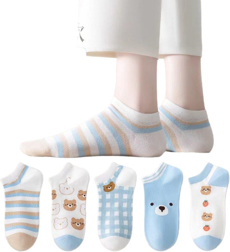 جوارب نسائية قصيرة، تصميم دب وفراولة، جوارب صيفية قصيرة للكاحل، 5 أزواج مع واحد هدية متعددة الألوان