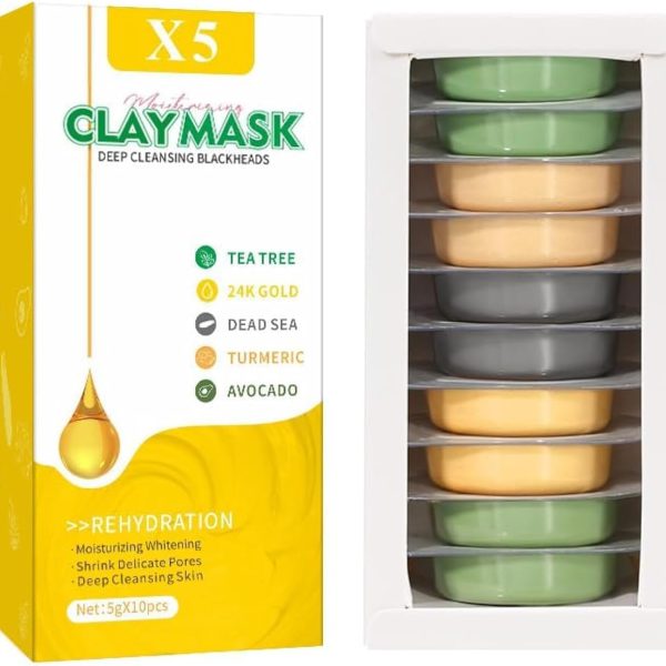 مجموعة قناع طين عضوي من 10 قطع-صندوق وجه الطين لبشرة حب الشباب والكركم والشاي الاخضر والوردي فاشون مانيا