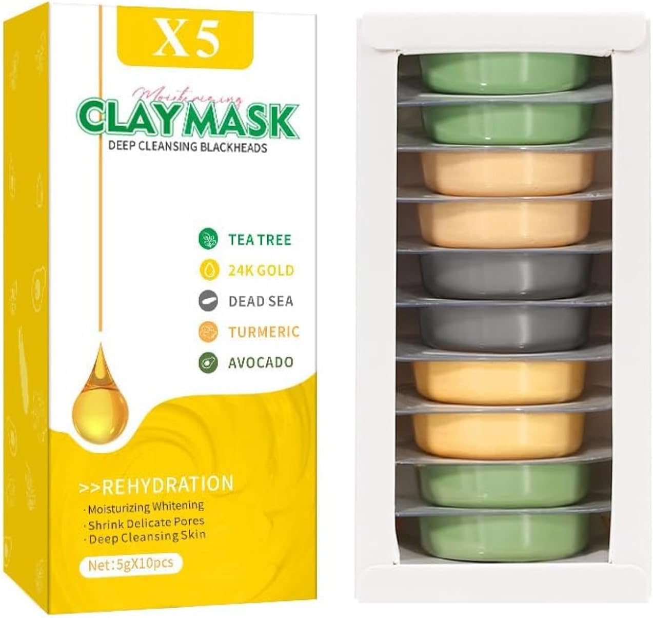 61mjS-fsszL._AC_SL1500_.jpg مجموعة قناع طين عضوي من 10 قطع-صندوق وجه الطين لبشرة حب الشباب والكركم والشاي الاخضر والوردي فاشون مانيا