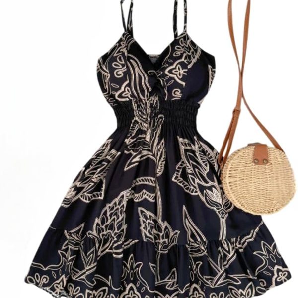 فستان صيفي للنساء، فستان صيفي ناعم بحمالات رفيعة وخصر مكشكش من مانيكان