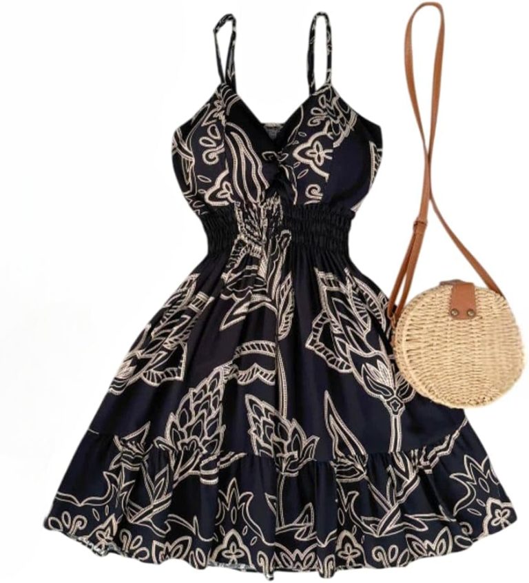 فستان صيفي للنساء، فستان صيفي ناعم بحمالات رفيعة وخصر مكشكش من مانيكان