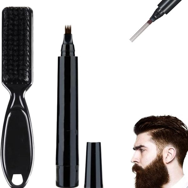 قلم ملء فراغات اللحية، قلم اللحية للرجال، قلم ملء فراغات اللحية للرجال مع فرشاة لحية ذات شعيرات، قلم تحديد اللحية بسهولة بملء الفراغات للرجال (لون بني)