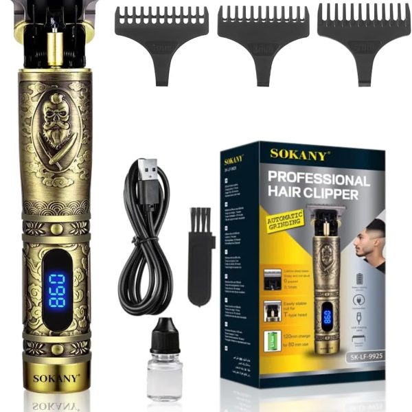 ماكينة حلاقة الشعر الاحترافية من سوكاني شفرات الستيل الكربوني تشغيل سلكي/لاسلكي تشذيب دقيقة تصميم نمط كلاسيكي SK-LF-9925 ذهبي
