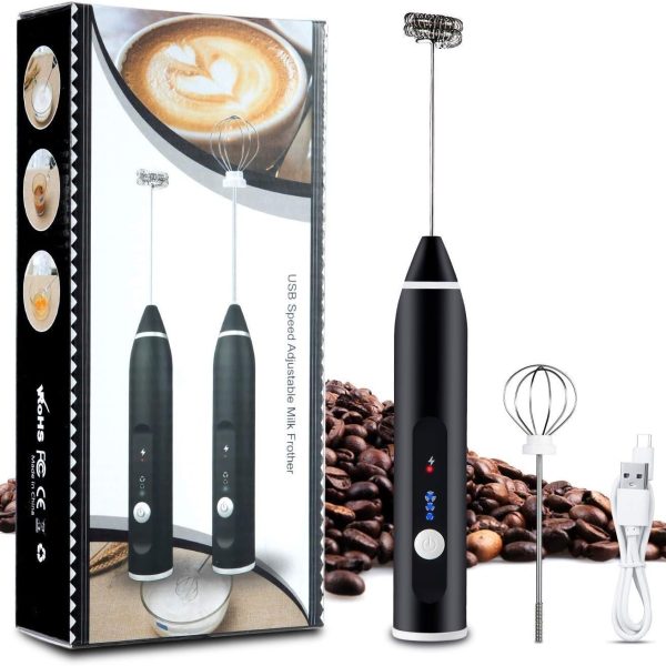 أداة خفق اللبن قابلة لاعادة الشحن وتعمل بـ3 سرعات - لصنع القهوة واللاتيه والكابتشينو مع مضرب اضافي للبيض